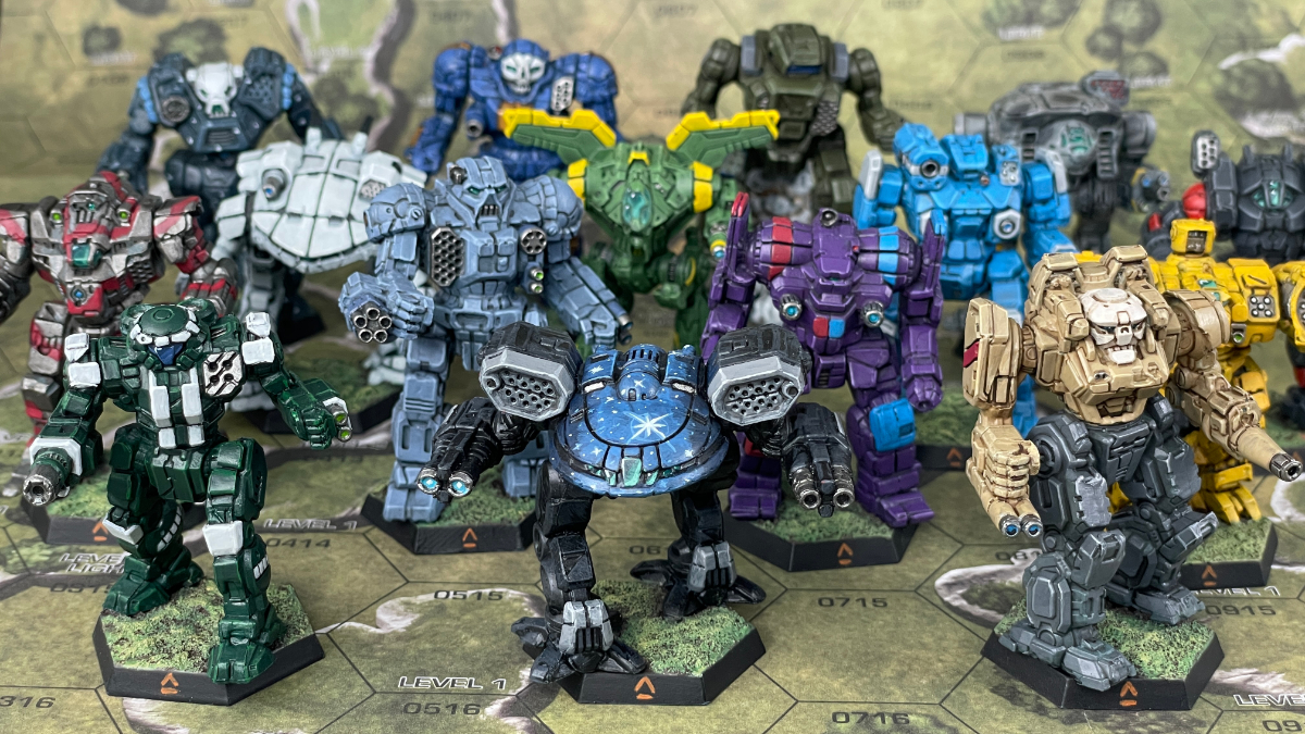 BattleTech miniatures in a variety of color schemes