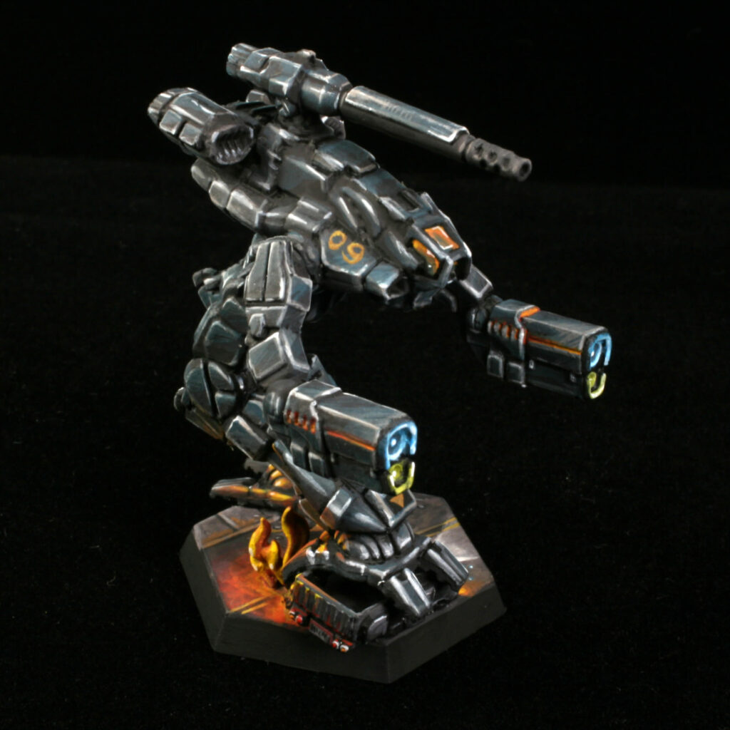 a Marauder miniature painted black with kitbashed terrain