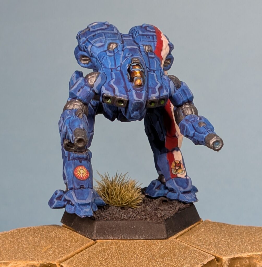 Falconer miniature painted in blue with red & white stripes down the left side