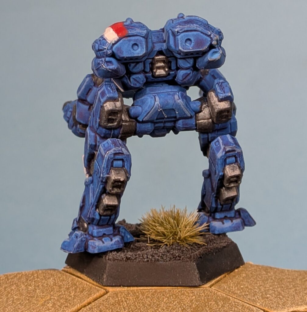 Falconer miniature painted in blue with red & white stripes down the left side