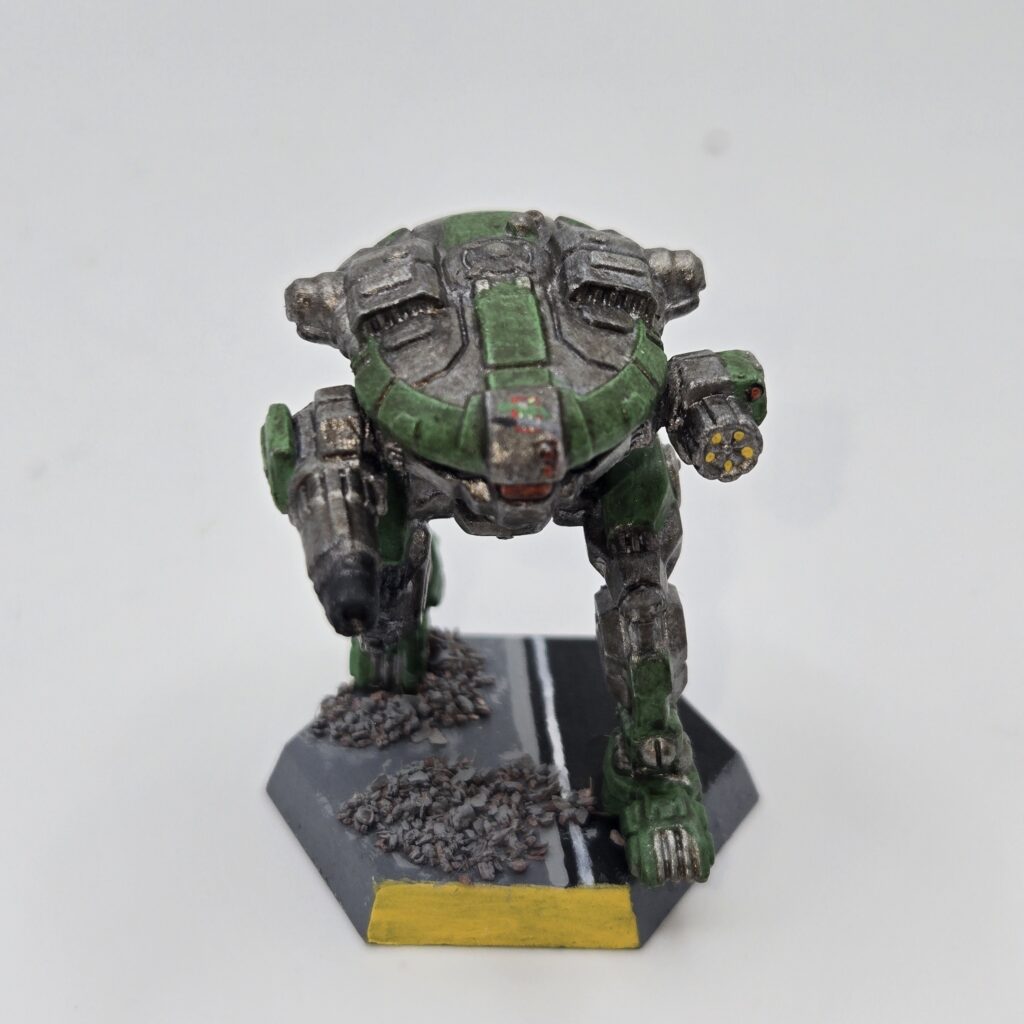 Hoplite miniature painted metallic grey with green accents