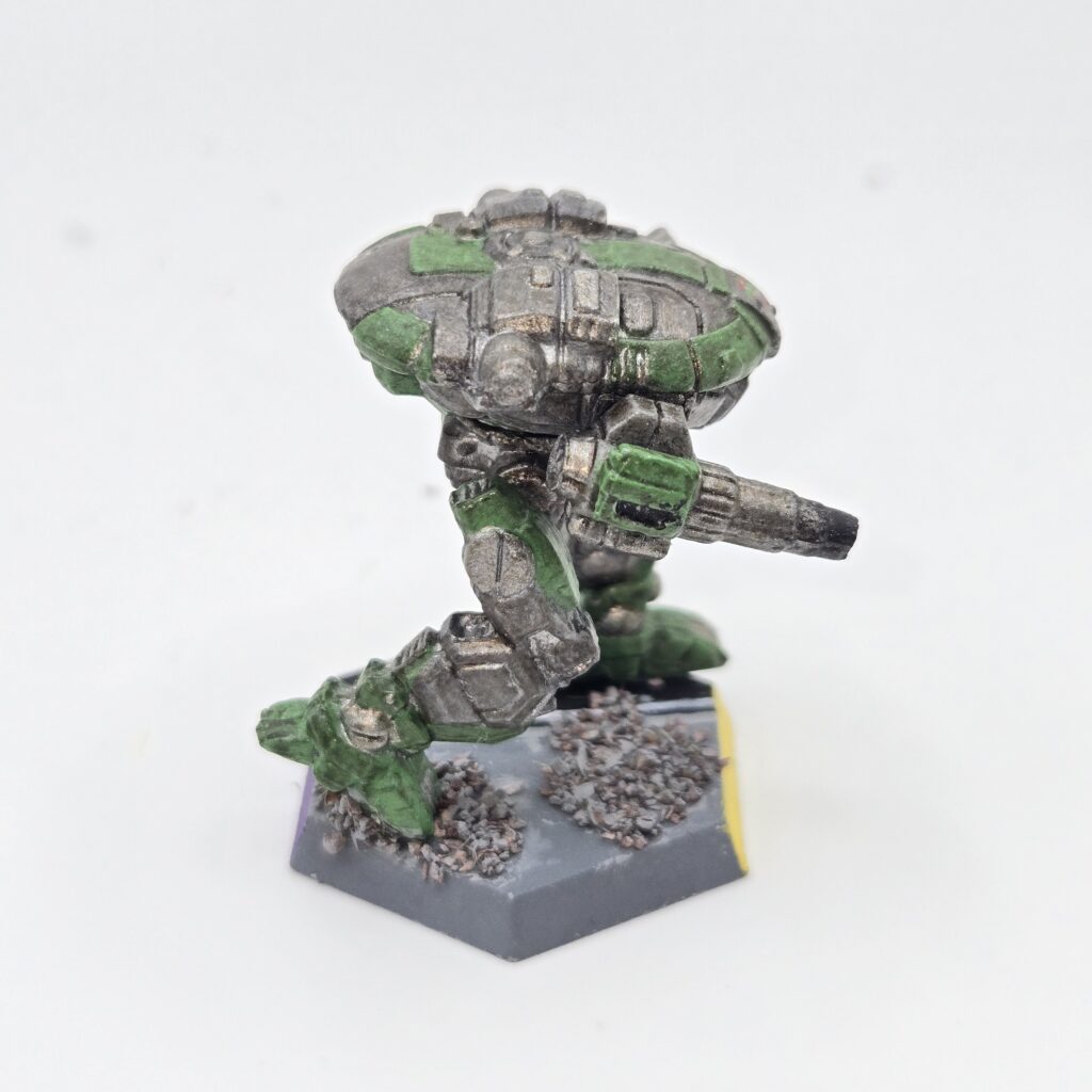 Hoplite miniature painted metallic grey with green accents
