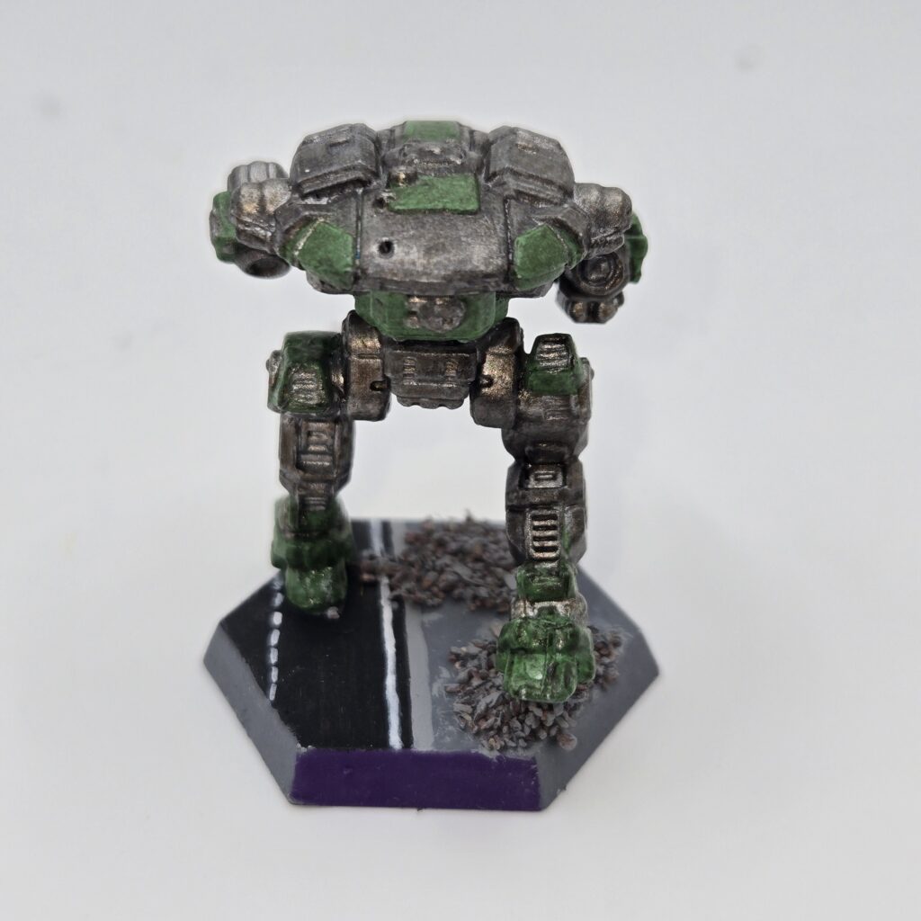 Hoplite miniature painted metallic grey with green accents