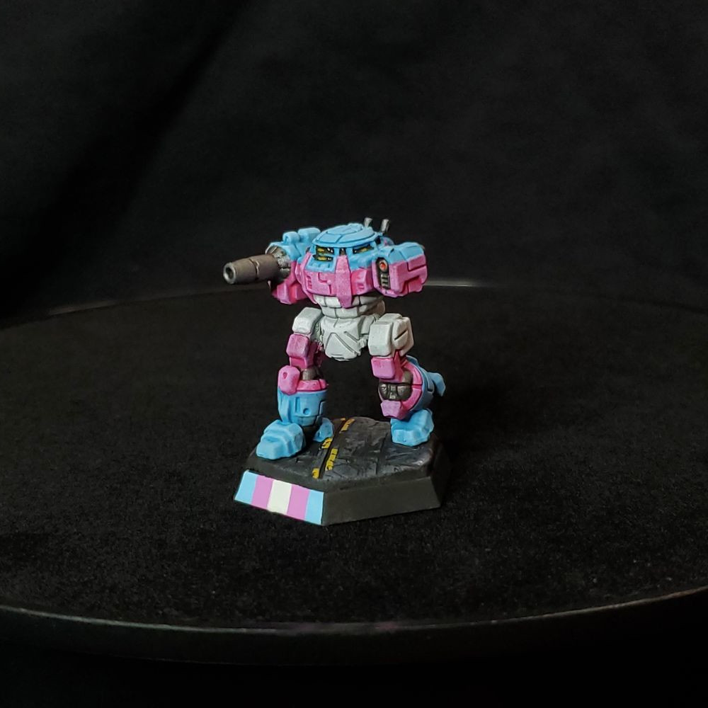 UrbanMech miniature painted in the colors of Trans Pride